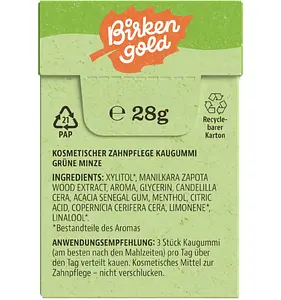 Birkengold Natur-Kaugummi Grüne Minze ohne Zucker 28g, 20 Stück