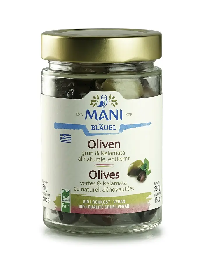 Mani Oliven grün&schwarz o. Kerne Bio roh