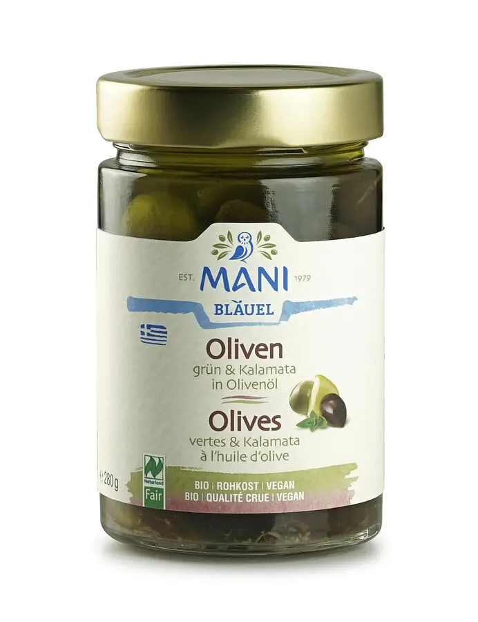 Mani Oliven grün&schwarz in Olivenöl Bio roh